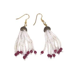 UNBRANDED HANDMADE Bohemian Red And White Seed BEAD Fringe Tassel Earrings